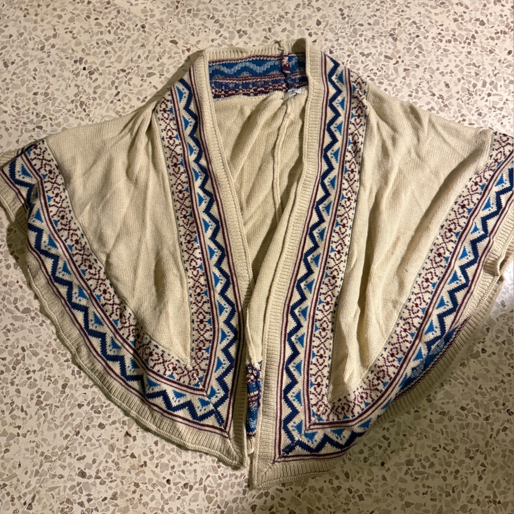 Umgee Cream Cape with Blue and Brown Patterns